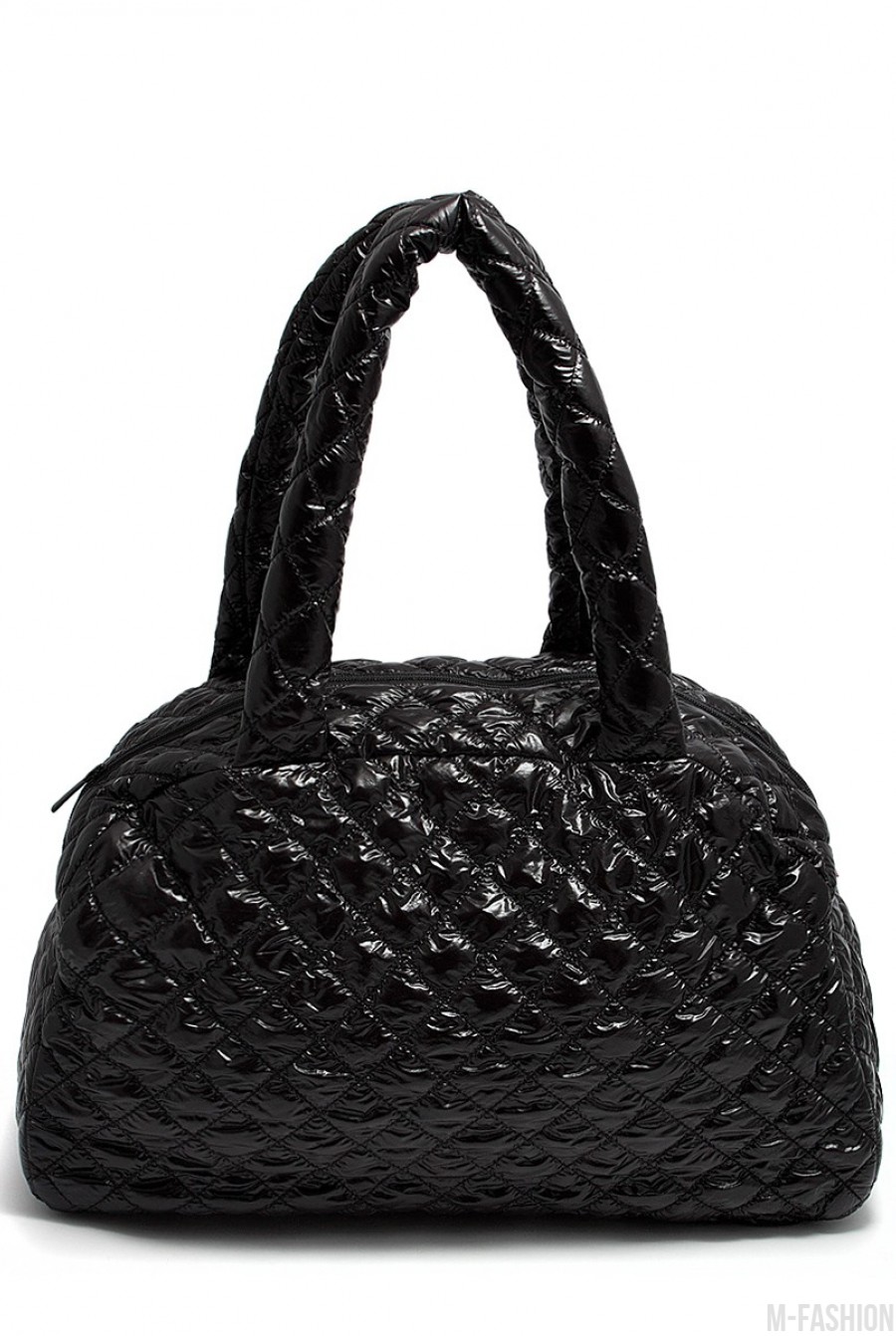 Черная Стеганая сумка-саквояж с лаковым покрытием - Фото 1