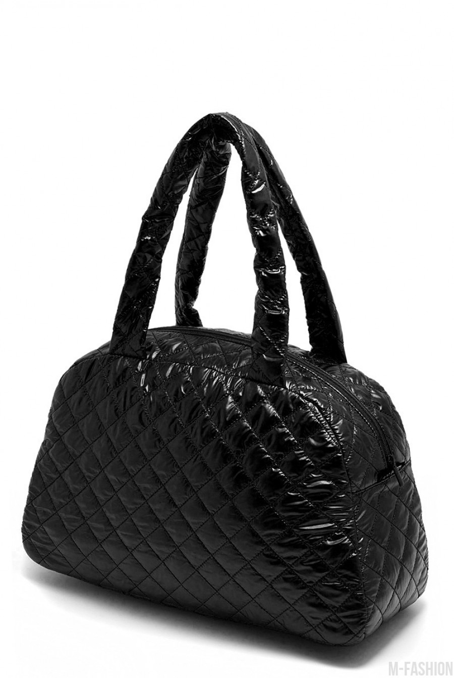Черная Стеганая сумка-саквояж с лаковым покрытием- Фото 2