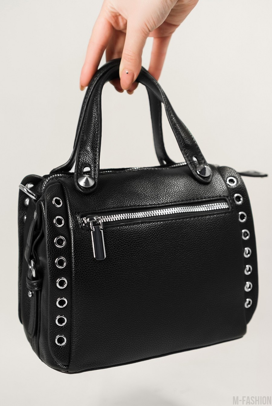 Черная сумка-чемоданчик с замшевой вставкой- Фото 3