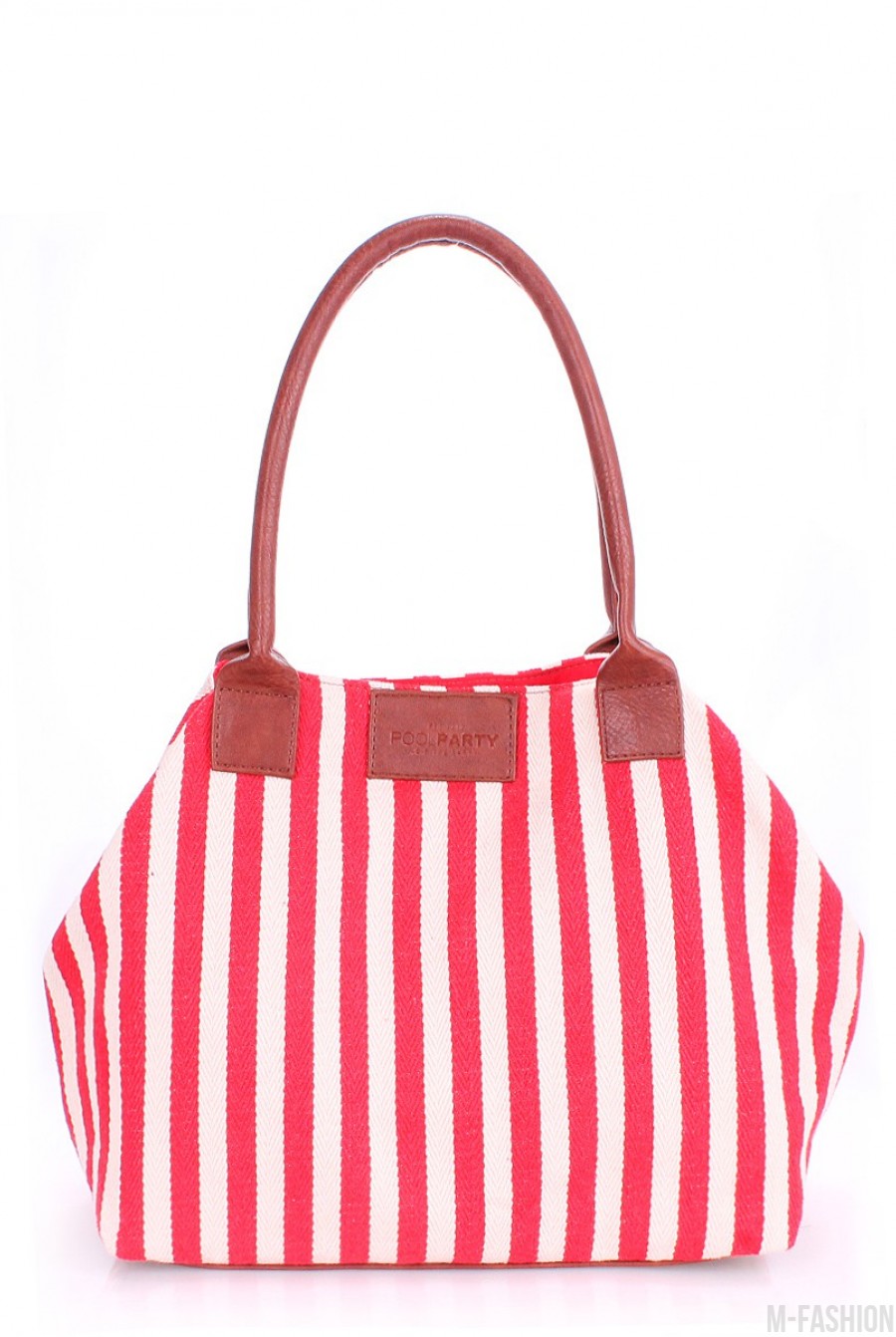 Полосатая красно-белая сумка с кожаными ручками - Фото 1