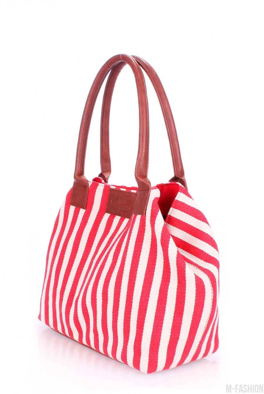 Полосатая красно-белая сумка с кожаными ручками- Фото 2
