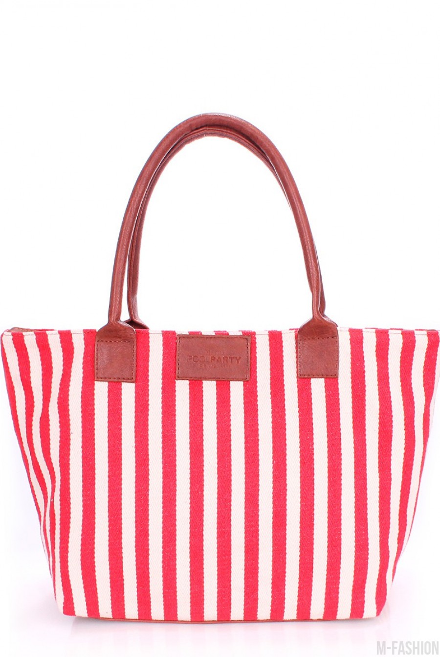 Полосатая красно-белая сумка с кожаными ручками- Фото 3