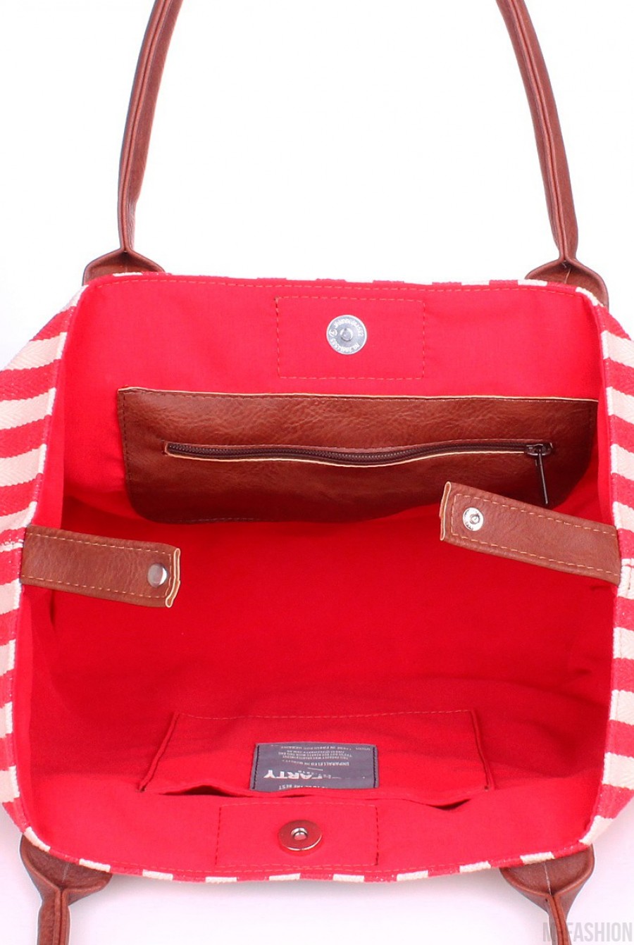 Полосатая красно-белая сумка с кожаными ручками- Фото 4