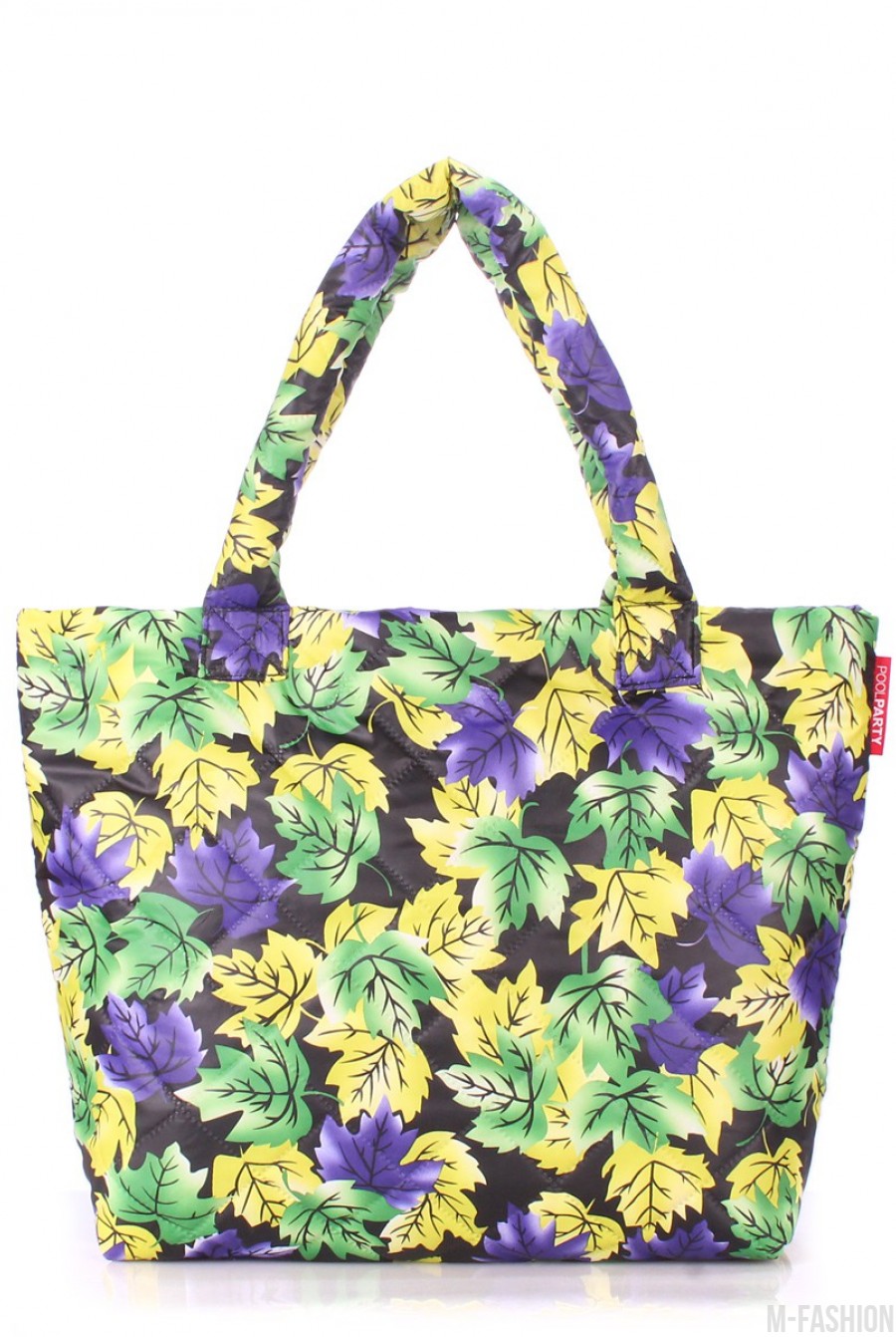 Дутая желто-фиолетовая сумка с цветочным принтом - Фото 1