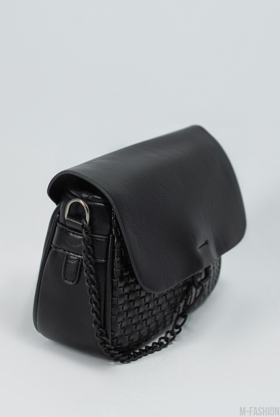 Черная кожаная сумка с плетеной вставкой- Фото 2