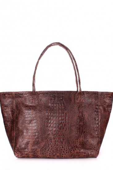 Кожаная коричневая сумка Desire с принтом под рептилию и красной подкладкой