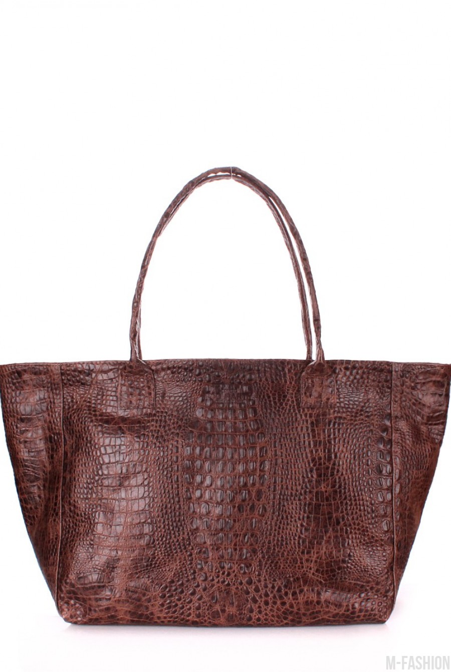 Кожаная коричневая сумка Desire с принтом под рептилию и красной подкладкой - Фото 1