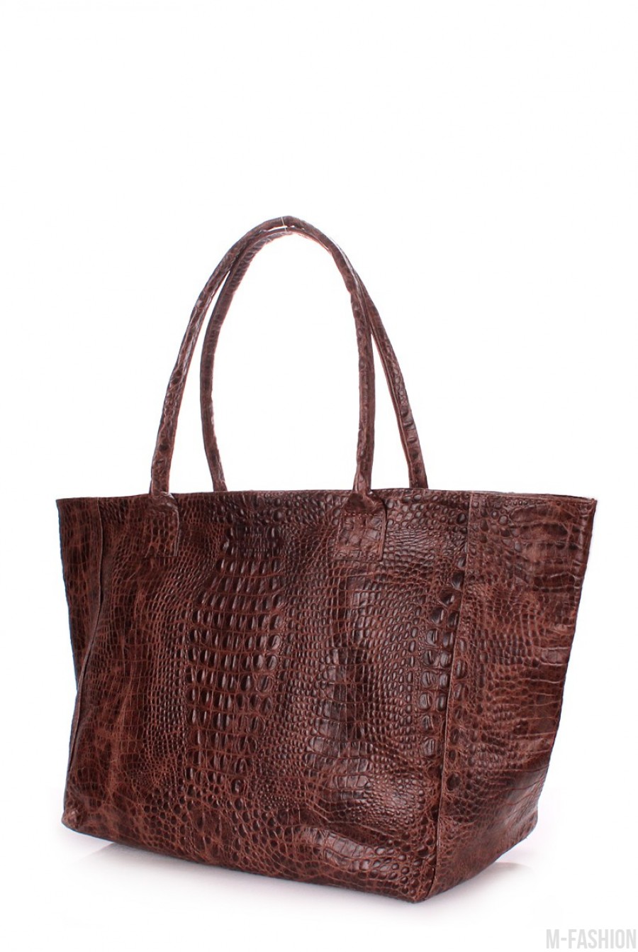 Кожаная коричневая сумка Desire с принтом под рептилию и красной подкладкой- Фото 2