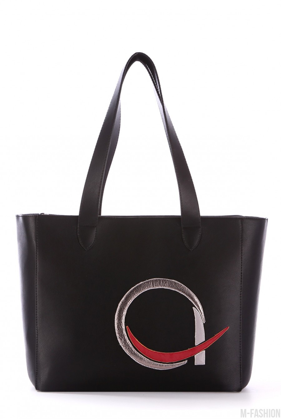 Черная сумка с кожаной красно-серебристой аппликацией - Фото 1