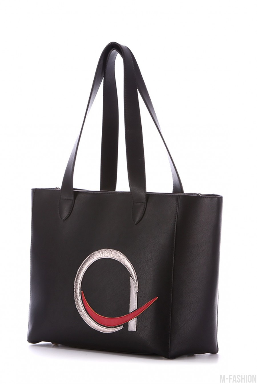 Черная сумка с кожаной красно-серебристой аппликацией- Фото 2