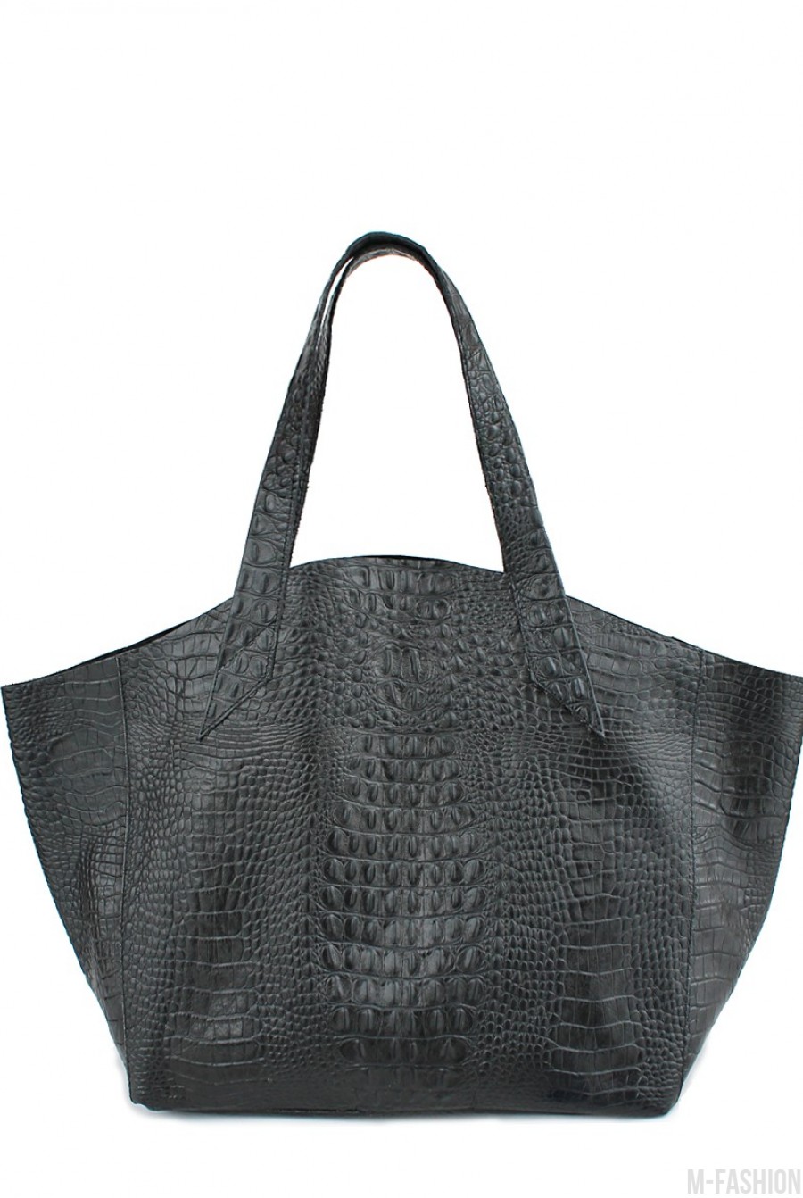 Кожаная черная сумка Fiore с принтом под рептилию - Фото 1