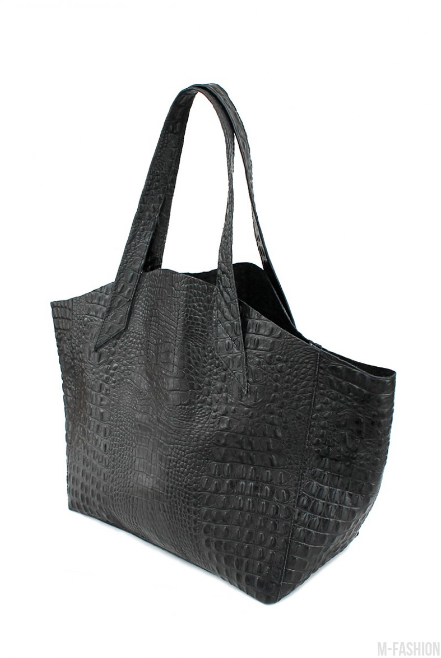 Кожаная черная сумка Fiore с принтом под рептилию- Фото 2