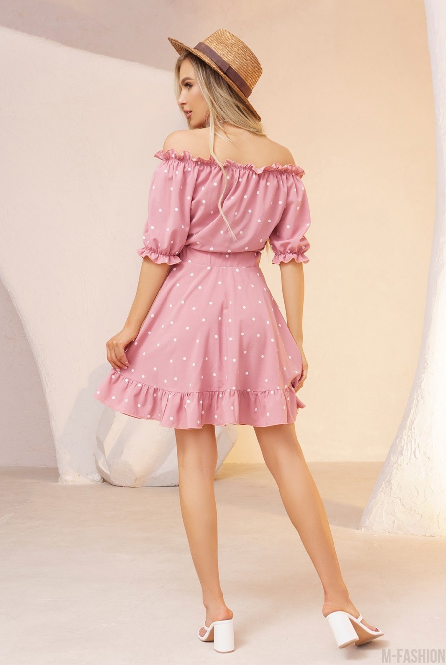 Розовое платье в горох с рюшами- Фото 3