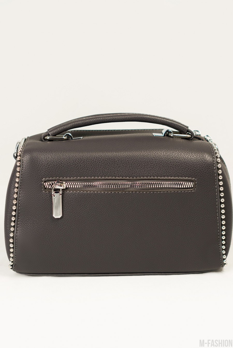 Серый кожаный чемоданчик с замшевой вставкой- Фото 2