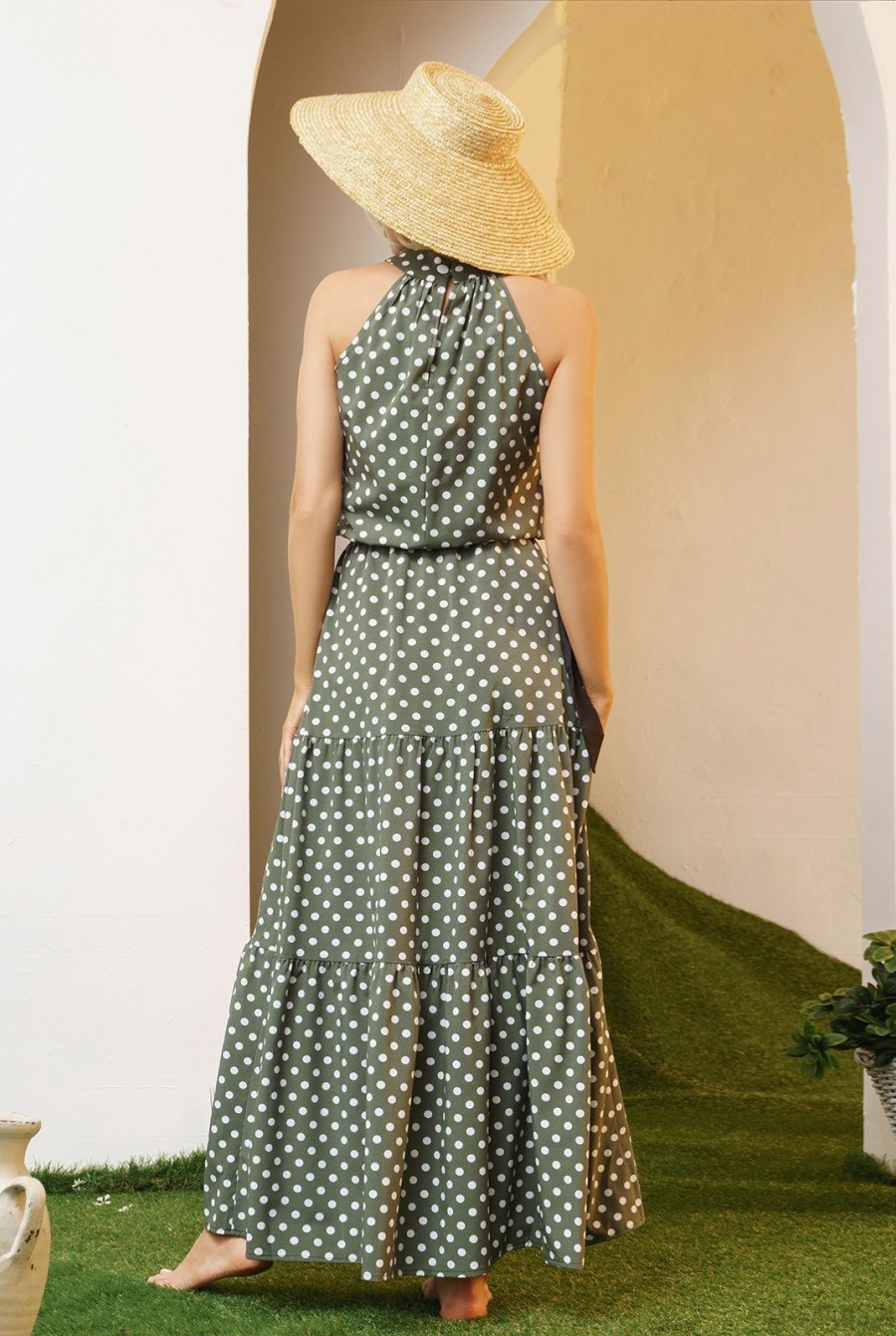 Длинное платье цвета хаки с воротником халтер- Фото 3