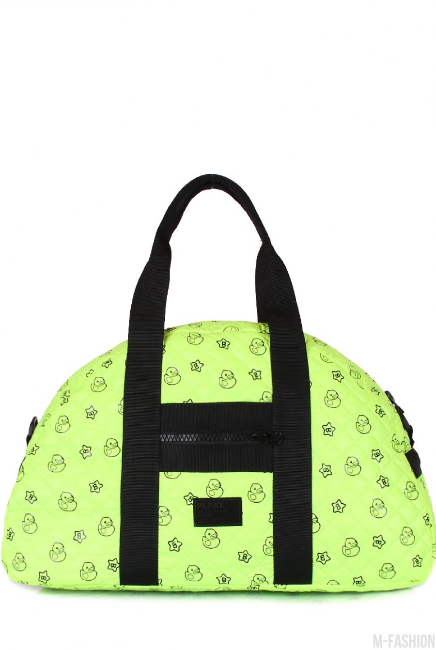 Стеганая дорожная сумка с ярко-зеленой расцветкой и позитивным принтом - Фото 1