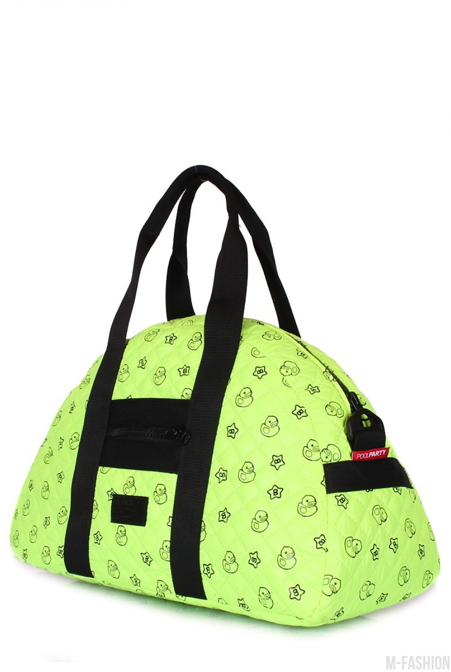 Стеганая дорожная сумка с ярко-зеленой расцветкой и позитивным принтом- Фото 2