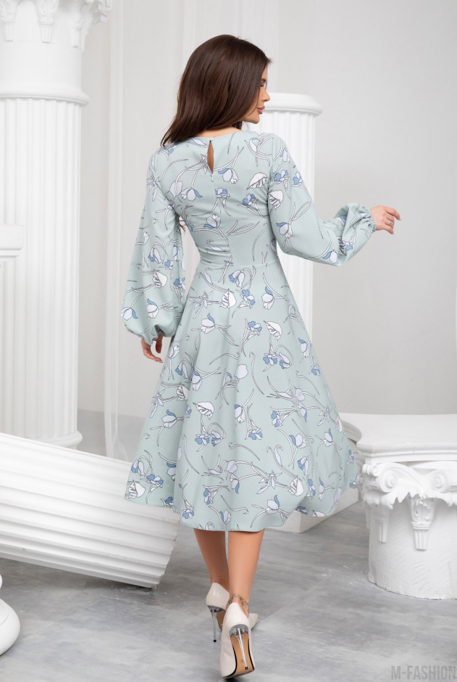 Мятное классическое платье с рукавами-фонариками- Фото 3