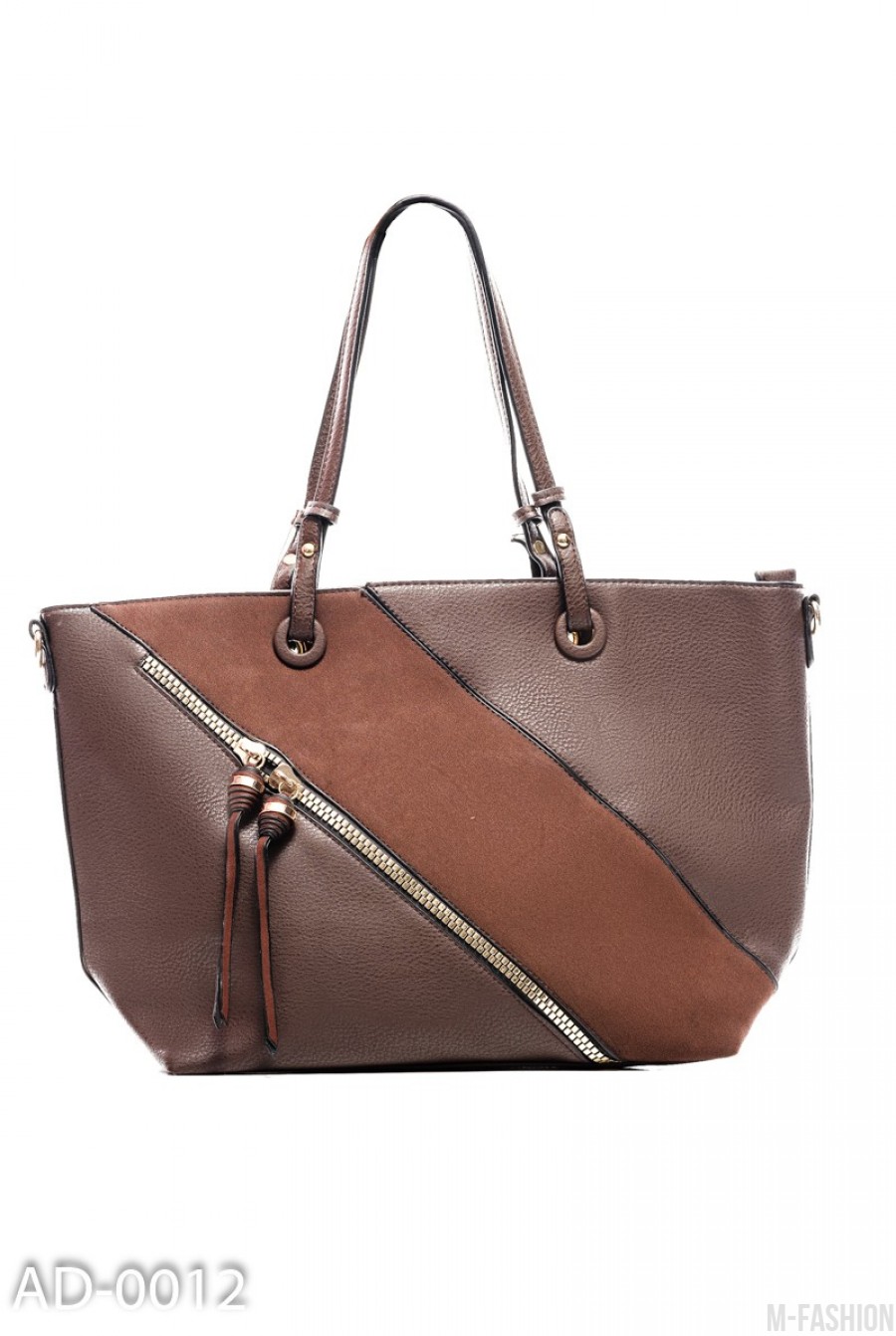 Темно-коричневая комбинированная сумка из эко-кожи с молниями - Фото 1