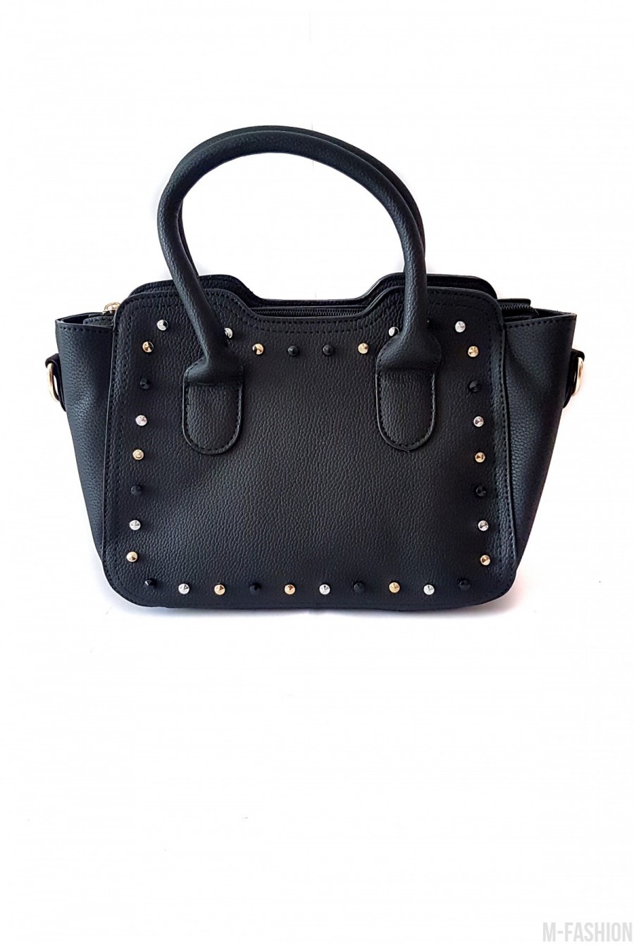 Черная женская сумочка с золотистыми и черными металлическими шипами - Фото 1