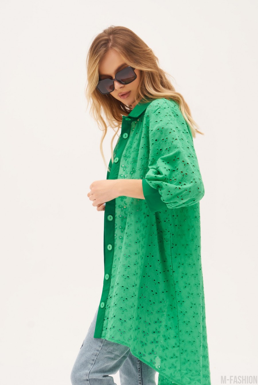 Зеленое асимметричное хлопковое платье-рубашка- Фото 2