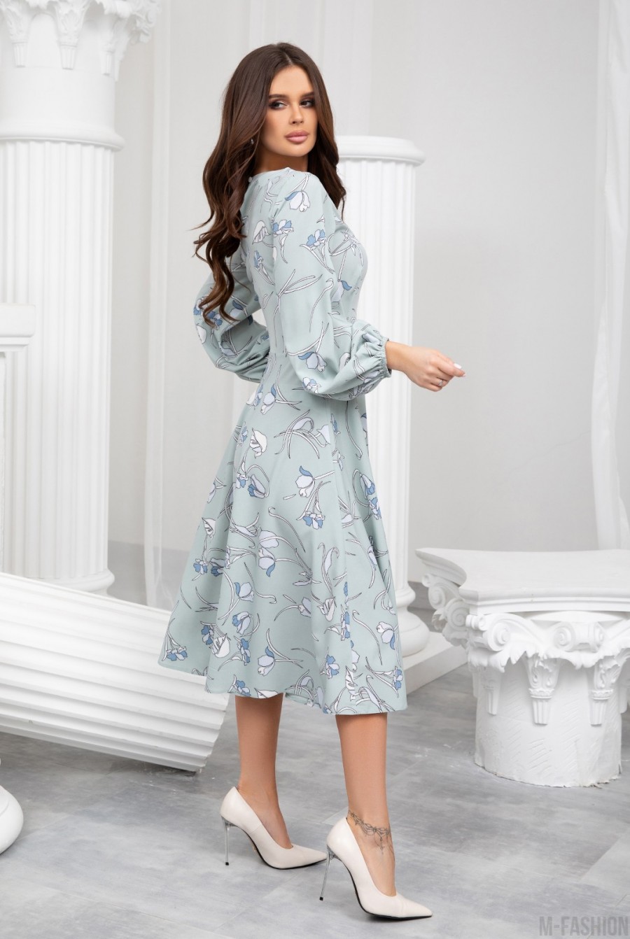 Мятное классическое платье с рукавами-фонариками- Фото 2