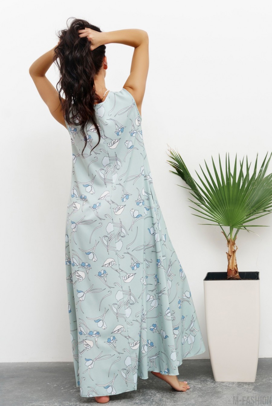 Цветочное оливковое платье с длиной в пол- Фото 3