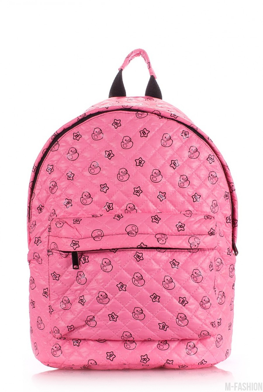 Розовый мини-рюкзак из ткани с модным и ярким принтом - Фото 1