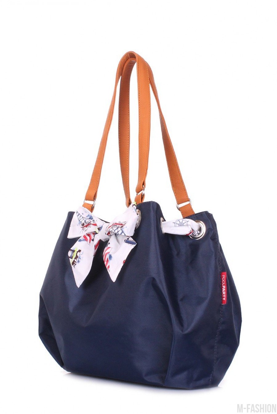 Синяя сумка на магнитной застежке с фистонами и декоративным бантом- Фото 2