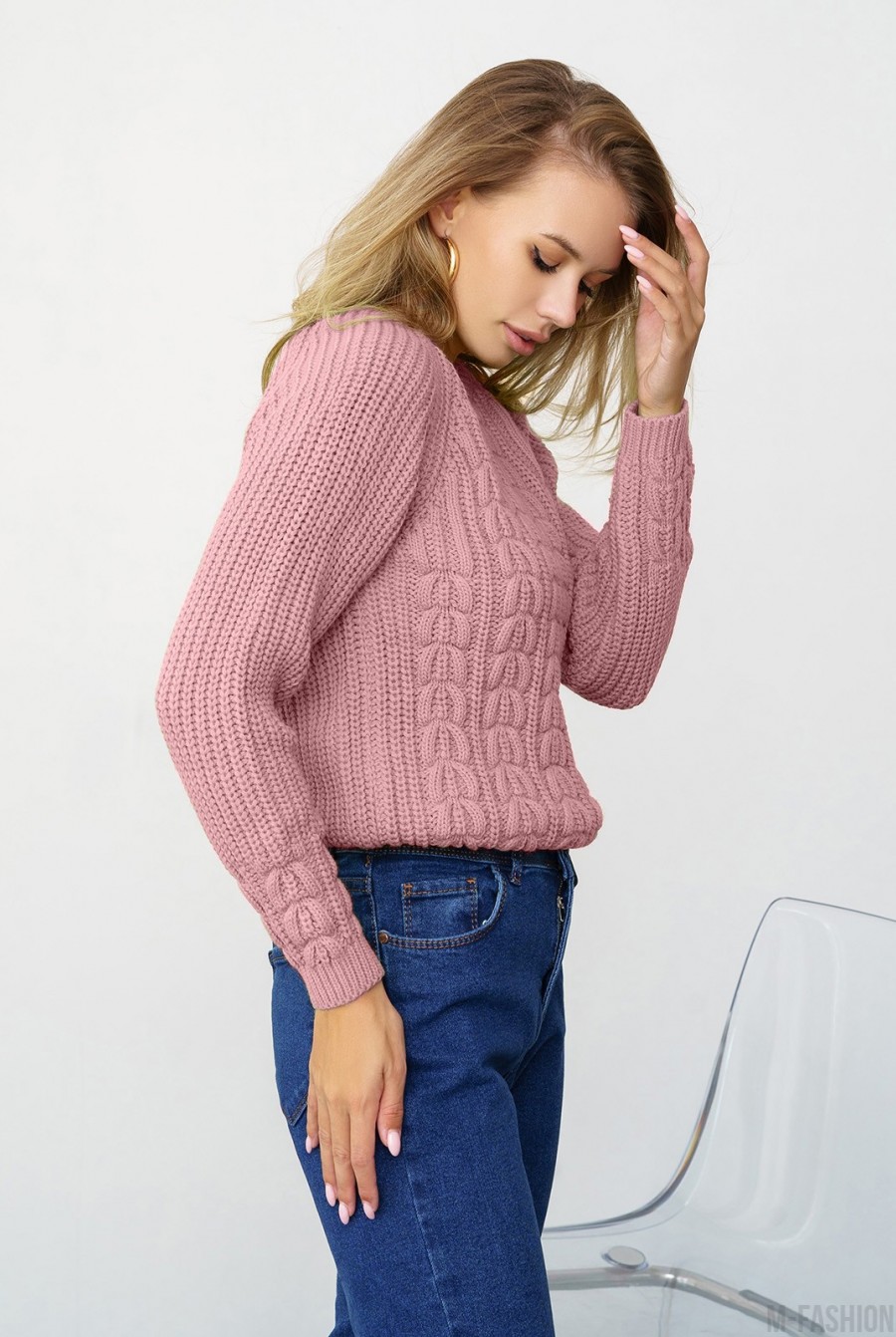 Темно-розовый вязаный свитер с аранами- Фото 2