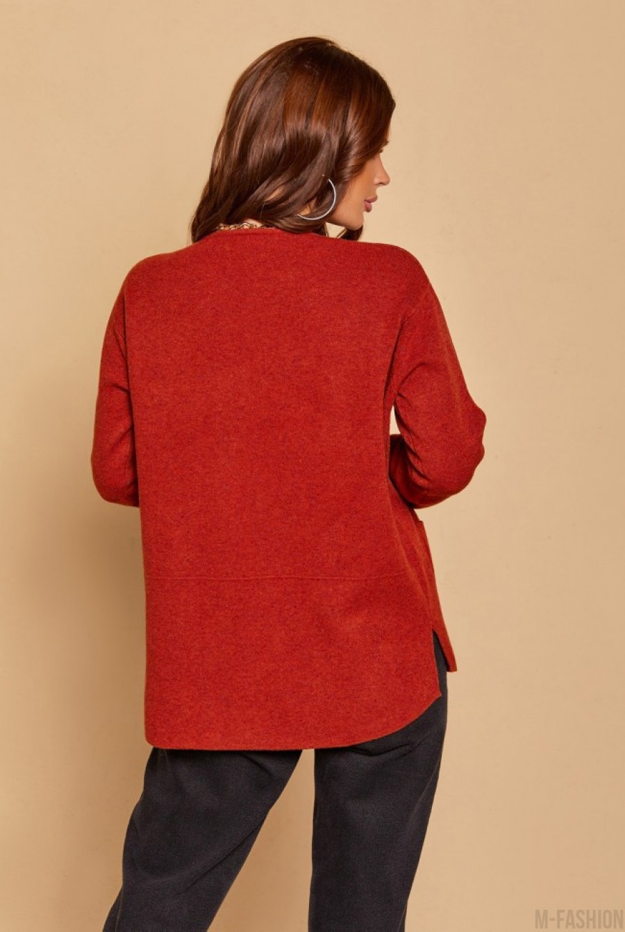 Красный асимметричный свитер с карманами- Фото 3