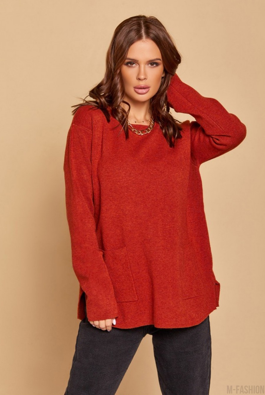 Красный асимметричный свитер с карманами - Фото 1