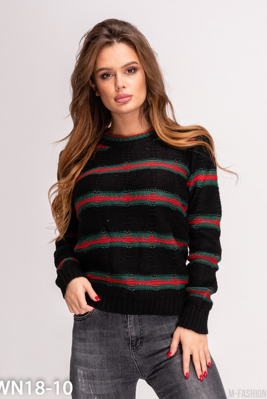 Черный вязаный свитер с красно-зелеными полосками - Фото 1