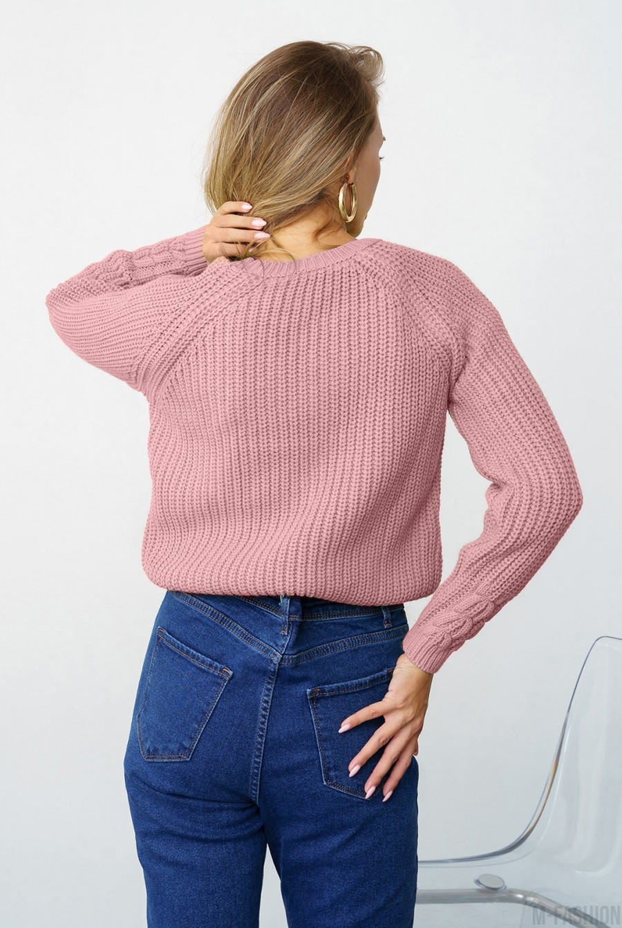 Темно-розовый вязаный свитер с аранами- Фото 3