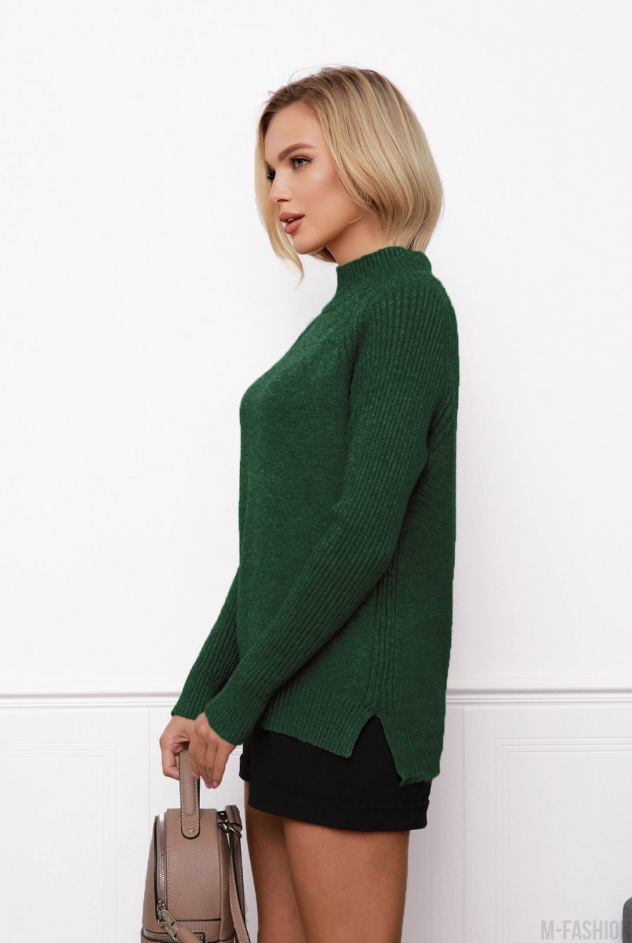 Зеленый шерстяной свитер с фактурными вставками- Фото 2