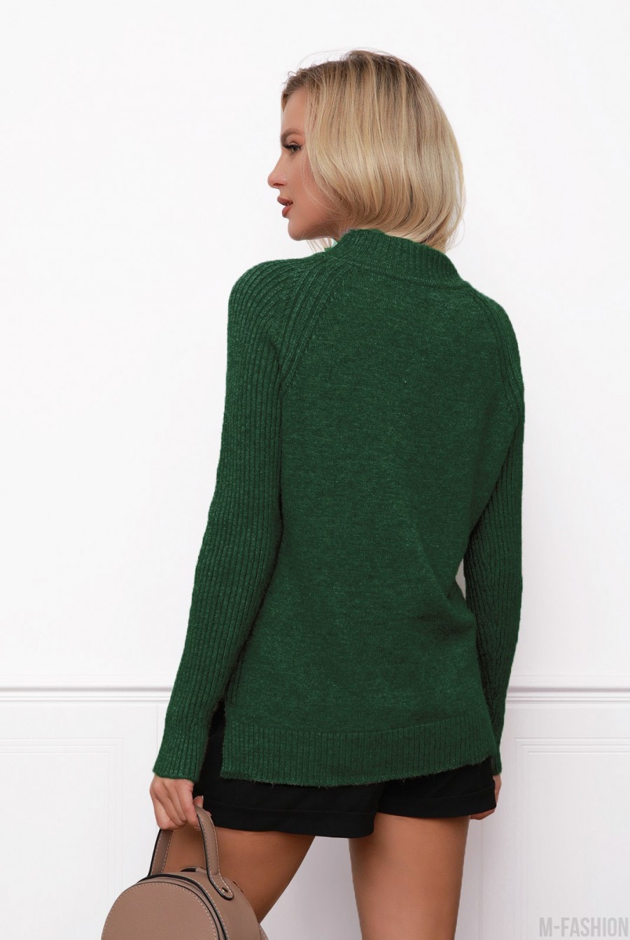 Зеленый шерстяной свитер с фактурными вставками- Фото 3