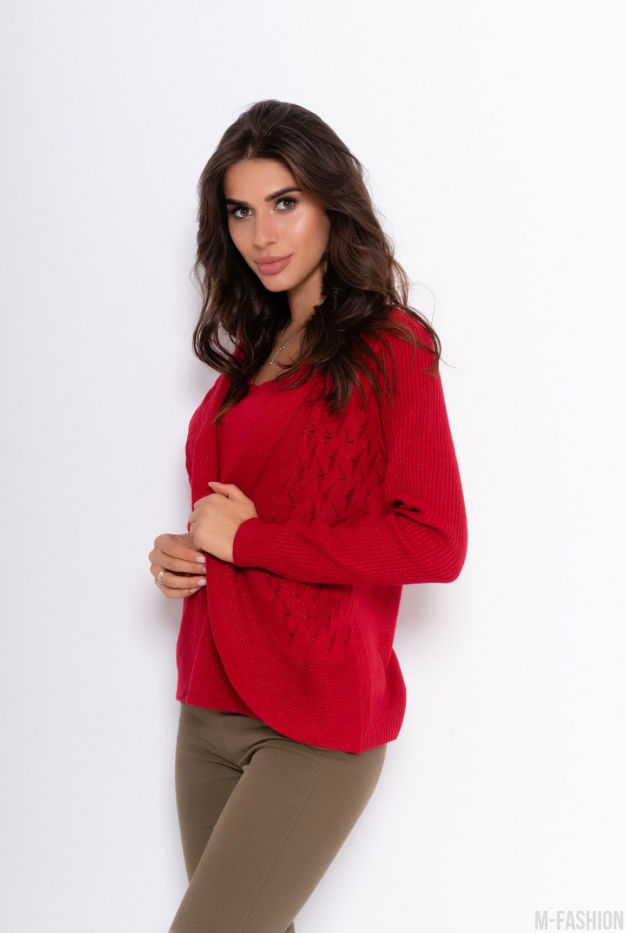 Красный комбинированный свитер с люрексом- Фото 3