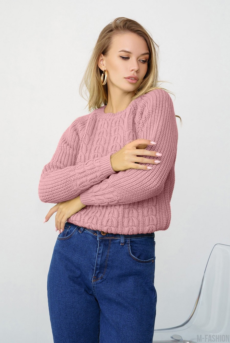 Темно-розовый вязаный свитер с аранами - Фото 1