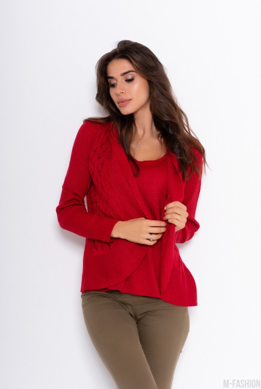 Красный комбинированный свитер с люрексом - Фото 1