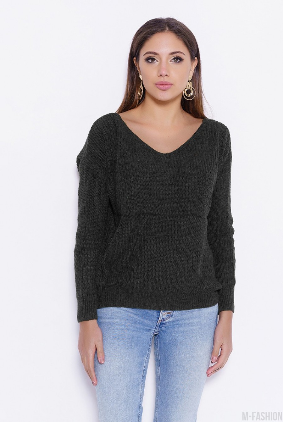 Черный вязаный свитер с открытой спиной - Фото 1