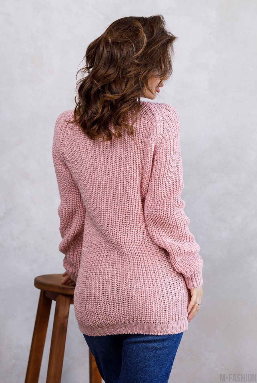 Розовый шерстяной свитер с люрексом и рукавами-реглан- Фото 3