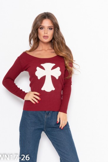 Бордовый эластичный свитер с ангоровой нашивкой