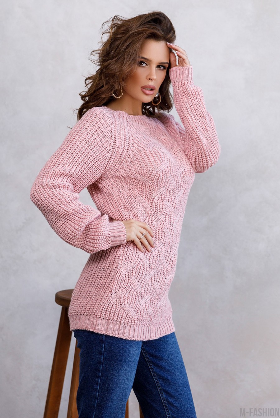 Розовый шерстяной свитер с люрексом и рукавами-реглан- Фото 2