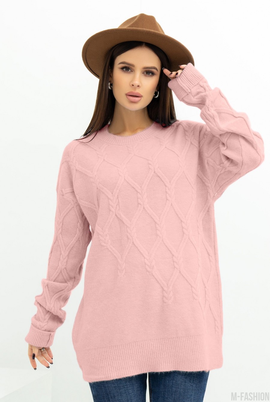 Розовый теплый свитер декорированный аранами - Фото 1
