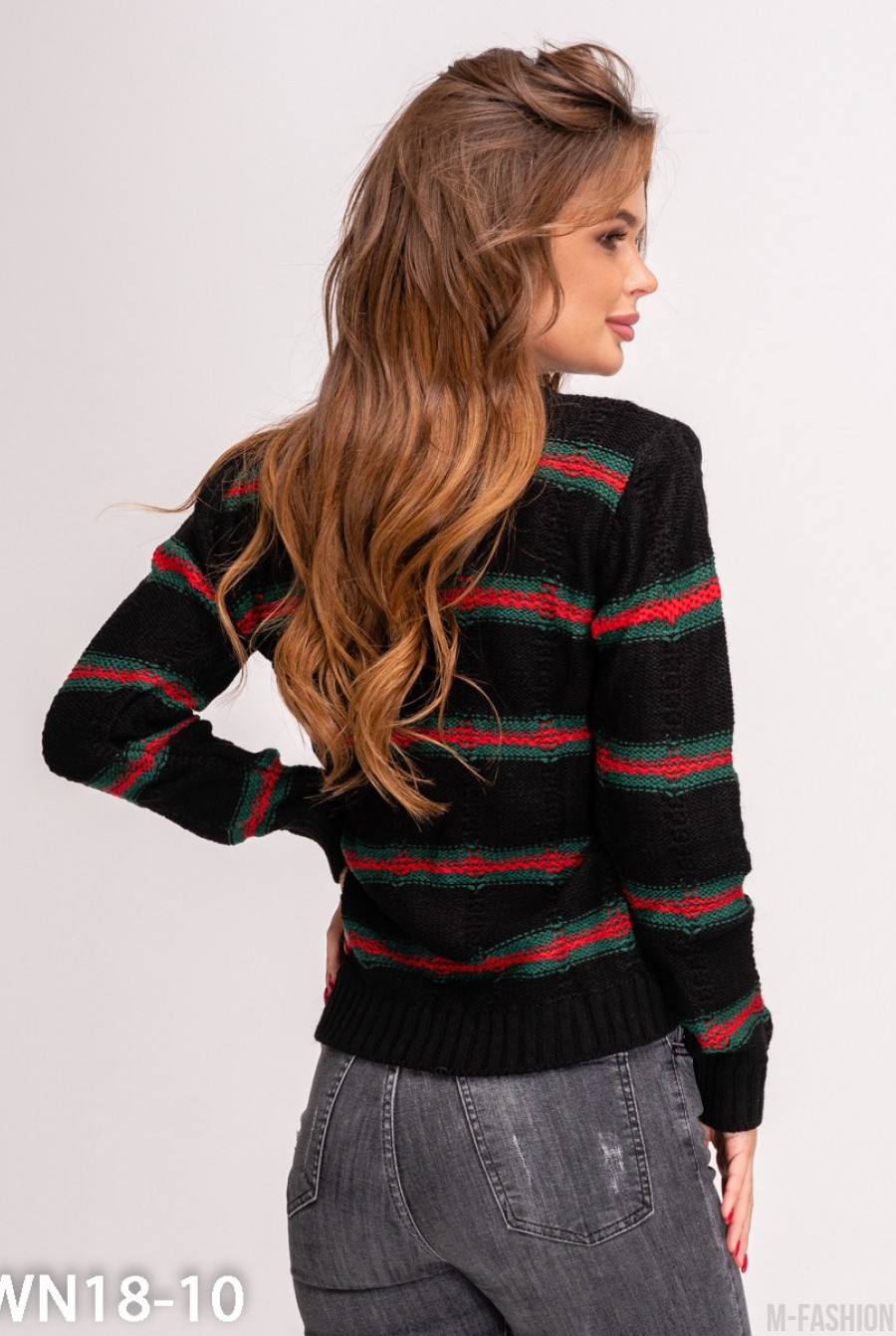 Черный вязаный свитер с красно-зелеными полосками- Фото 5