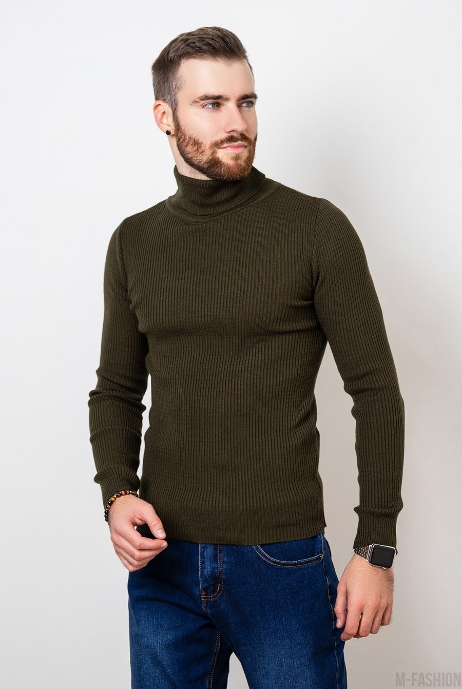 Шерстяной свитер цвета хаки с высоким горлом - Фото 1