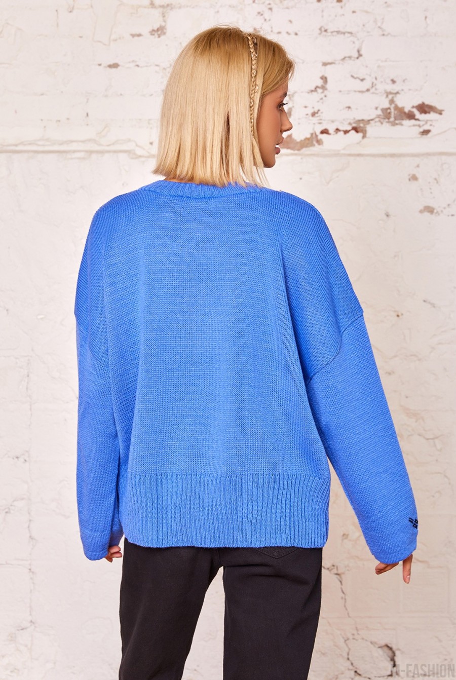Синий вязаный свитер с этническим узором- Фото 3