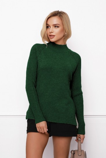 Зеленый шерстяной свитер с фактурными вставками