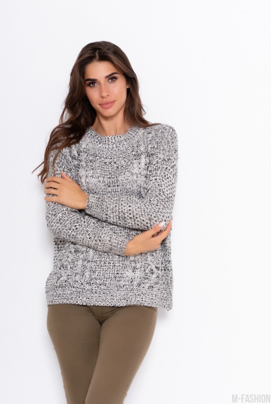 Меланжевый серый шерстяной свитер - Фото 1