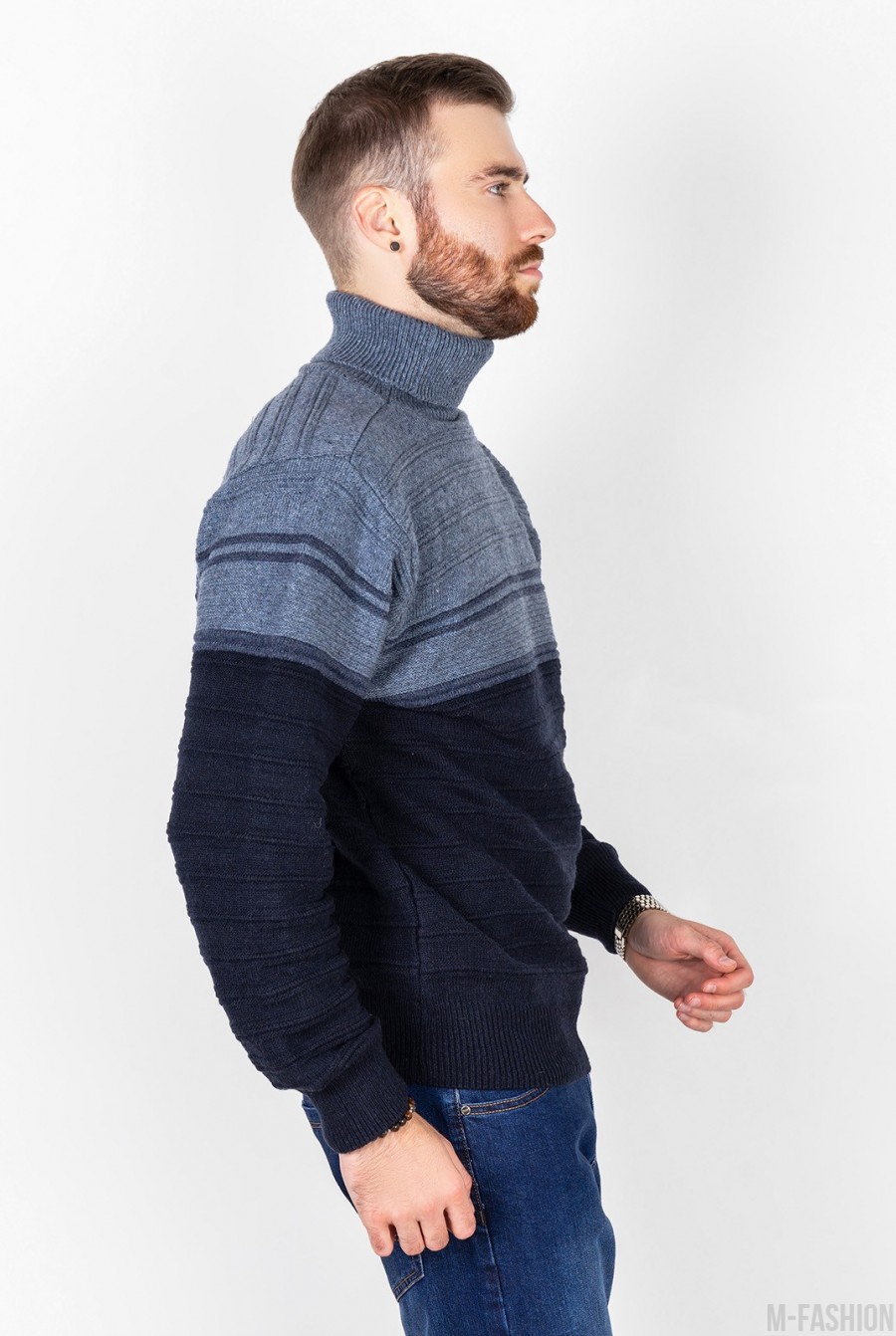 Синий шерстяной свитер с высоким горлом- Фото 2